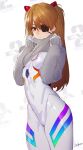  1girl blush bodysuit brown_eyes closed_mouth clothes_lift commentary_request covered_navel evangelion:_3.0+1.0_thrice_upon_a_time eyepatch grey_sweater hair_between_eyes hair_ornament highres hotumoyi legs_together lifted_by_self long_hair long_sleeves looking_at_viewer neon_genesis_evangelion orange_hair pilot_suit plugsuit rebuild_of_evangelion ribbed_sweater shikinami_asuka_langley signature simple_background skin_tight solo souryuu_asuka_langley standing sweater sweater_lift turtleneck turtleneck_sweater two_side_up white_bodysuit 