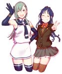  2girls aqua_eyes aqua_hair black_legwear black_neckwear black_sailor_collar blazer blue_hair brown_cardigan brown_jacket brown_legwear brown_skirt cardigan closed_eyes commentary_request cosplay costume_switch cropped_legs elbow_gloves gloves hair_ornament hairclip highres jacket kantai_collection long_hair low_twintails multiple_girls neckerchief one_eye_closed open_mouth pleated_skirt red_neckwear remodel_(kantai_collection) round_teeth sailor_collar school_uniform serafuku shirt simple_background skirt sleeveless sleeveless_shirt smile suzukaze_(kantai_collection) suzukaze_(kantai_collection)_(cosplay) suzuya_(kantai_collection) suzuya_(kantai_collection)_(cosplay) teeth thighhighs twintails upper_teeth uyama_hajime very_long_hair waving white_background 