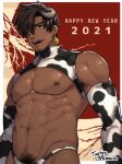  1boy 2021 abs animal_ears animal_print arima_(arima_bn) bangs bara bare_pecs bare_shoulders bikini_briefs black_eyes black_hair black_male_underwear bulge chest_harness chinese_zodiac cow_boy cow_ears cow_horns cow_print cowboy_shot dark_skin dark_skinned_male detached_sleeves facial_hair happy_new_year harness horns male_focus male_pubic_hair male_underwear muscular muscular_male navel new_year nipples original pectorals protected_link pubic_hair short_hair solo stomach stubble swept_bangs thick_thighs thighs underwear white_male_underwear year_of_the_ox 