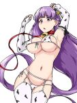  1girl :o absurdly_long_hair animal_costume animal_print arms_up bell bell_collar blush bra breasts chinese_zodiac collar cow_costume cow_print ear_tag elbow_gloves fire_emblem fire_emblem:_the_binding_blade fire_emblem_heroes garter_straps gloves groin highres large_breasts lingerie long_hair looking_down memetsu_(umvn4442) navel panties purple_eyes purple_hair side-tie_panties simple_background solo sophia_(fire_emblem) thighhighs underwear very_long_hair white_background year_of_the_ox 