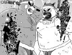  2021 anthro ashigara belly bulge canid canine canis christmas christmas_clothing christmas_headwear clothing domestic_dog duo hat headgear headwear hi_res holidays japanese_text kemono male mammal monochrome moobs nipples overweight overweight_male santa_hat sawch_cls scar text tokyo_afterschool_summoners underwear ursid video_games yasuyori 