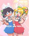  1boy 1girl :3 absurdres black_hair blonde_hair blush bow character_name cosplay crossdressing hair_bow highres holding_hands open_mouth ponytail rariatto_(ganguri) rockman rockman_(character) rockman_(classic) roll_(rockman) roll_(rockman)_(cosplay) smile v 