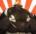  2021 absurd_res anthro belly big_breasts black_body blush bovid bovine breasts cattle chiro_(artist) clothed clothing facial_hair hi_res humanoid_hands kemono male mammal mustache navel overweight overweight_anthro overweight_male solo 