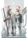  2girls admiral_hipper_(azur_lane) azur_lane bodysuit breasts character_name cleavage commentary_request cross cross_earrings earrings eyes_visible_through_hair glowing headgear high_heels highres iron_cross jewelry large_breasts long_hair mask mecha_musume mechanical_ears mouth_mask multiple_girls one_eye_closed orange_eyes prinz_eugen_(azur_lane) prinz_heinrich_(azur_lane) red_eyes shield silver_hair tube twintails yusha_(m-gata) 