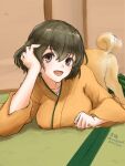  1girl breast_rest breasts brown_hair commentary_request dog green_hakama hakama highres hiryuu_(kantai_collection) japanese_clothes kantai_collection kimono looking_at_viewer lying on_stomach one_side_up orange_kimono short_hair side_ponytail tatami umibudou 