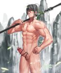  1boy abs bangs bar_censor bara black_hair blush bun_cover censored completely_nude erection eyebrows_visible_through_hair facial_hair fate/grand_order fate_(series) genderswap genderswap_(ftm) green_eyes hand_on_hip holding holding_lance holding_polearm holding_weapon jin_(sirius-j) lance looking_at_viewer male_focus male_pubic_hair medium_hair muscular muscular_male navel navel_hair nipples nude over_shoulder pectorals penis polearm pubic_hair qin_liangyu_(fate) sidelocks solo stubble thick_thighs thighs weapon weapon_over_shoulder 