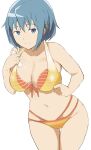  1girl absurdres bangs bare_shoulders bikini blue_eyes blue_hair breasts cafekun cleavage collarbone hair_ornament hairclip highres large_breasts looking_at_viewer mahou_shoujo_madoka_magica miki_sayaka short_hair smile swimsuit thighs yellow_bikini 