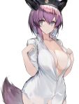  1girl animal_ears arknights black_headwear blue_eyes breasts cleavage closed_mouth collarbone dur-nar_(arknights) hat highres large_breasts looking_at_viewer naked_shirt pink_hair shirt short_hair short_sleeves simple_background solo tail white_background white_shirt yki 