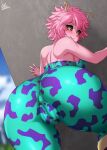  1girl absurdres artist_name ashido_mina ass ass_focus backless_outfit bare_shoulders black_sclera boku_no_hero_academia cameltoe colored_sclera commentary covered_anus curly_hair highres jmg leotard looking_at_viewer pantylines pink_hair pink_skirt short_hair signature skirt smile solo thighs yellow_eyes 