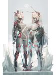  2girls azur_lane bodysuit breasts character_name cleavage commentary_request cross cross_earrings earrings eyes_visible_through_hair glowing headgear high_heels highres iron_cross jewelry large_breasts long_hair mask mecha_musume mechanical_ears mouth_mask multiple_girls one_eye_closed orange_eyes prinz_eugen_(azur_lane) prinz_heinrich_(azur_lane) red_eyes silver_hair tube twintails yusha_(m-gata) 