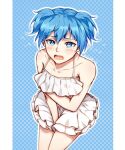  1boy ansatsu_kyoushitsu bangs bare_arms bare_shoulders between_legs bikini blue_background blue_eyes blue_hair blush collarbone covering covering_breasts cowboy_shot crossdressing dated dress flying_sweatdrops hand_between_legs looking_at_viewer male_focus meipoi open_mouth otoko_no_ko shiota_nagisa short_hair short_twintails solo swimsuit tearing_up twintails white_background 