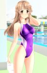  1girl absurdres blue_sky blurry braid breasts brown_eyes brown_hair cloud commentary_request covered_navel cowboy_shot day depth_of_field high_school_fleet highleg highleg_swimsuit highres long_hair medium_breasts nosa_kouko outdoors pool purple_swimsuit sky solo standing string_of_flags swimsuit takafumi twin_braids 
