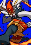  blue_background cinderace fire gen_8_pokemon highres kicking looking_at_viewer omoti_sakamoto open_mouth orange_eyes pokemon pokemon_(creature) simple_background solo teeth thick_outlines tongue 