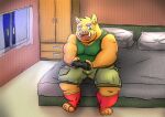  2021 anthro bed belly bottomwear clothing controller furniture game_controller gaming green_eyes kemono male mammal night overweight overweight_anthro overweight_male pig_fat_bat pillow playing_videogame shirt shorts sitting solo suid suina sus_(pig) topwear wild_boar 