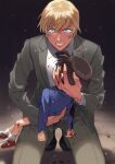  2boys amuro_tooru angry arm_around_waist bangs black_footwear blazer bleeding blonde_hair blood blood_on_face blood_on_leg bloody_clothes bloody_hands blue_eyes blue_jacket blue_neckwear brown_hair carrying child clenched_teeth collared_shirt commentary_request deep_wound dripping edogawa_conan facing_away formal gradient gradient_background grey_jacket grey_pants grey_shorts grey_suit hair_between_eyes hand_on_another&#039;s_head injury jacket k_(gear_labo) long_sleeves looking_at_viewer male_focus meitantei_conan multiple_boys necktie pants shadow shirt shoes short_hair shorts sneakers socks squatting suit teeth v-shaped_eyebrows white_legwear white_shirt 