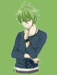  1boy amami_rantarou antenna_hair bangs closed_mouth collarbone commentary_request cropped_torso danganronpa_(series) danganronpa_v3:_killing_harmony ear_piercing green_background green_eyes green_hair hair_between_eyes hand_on_own_chin jewelry long_sleeves looking_at_viewer male_focus meipoi messy_hair necklace piercing ring shiny shiny_hair shirt short_hair simple_background smile solo striped striped_shirt thinking thumb_ring upper_body 