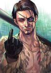  1boy baseball_bat black_gloves black_hair determined evil_smile eyebrows eyepatch facial_hair gloves goatee gold_necklace holding holding_weapon hungry_clicker index_finger_raised irezumi jacket jewelry looking_at_viewer majima_gorou male_focus manly mature muscular necklace open_clothes open_jacket print_jacket ryuu_ga_gotoku shaded_face short_hair smile smirk snake_print tattoo upper_body weapon 