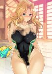  1girl ass_visible_through_thighs backlighting blonde_hair blush bodypaint breasts cleavage clenched_teeth commentary_request cowboy_shot embarrassed exhibitionism eyebrows_visible_through_hair fang girls_und_panzer green_eyes hair_intakes highres indoors kay_(girls_und_panzer) large_breasts looking_at_viewer medium_hair nakamura_yukitoshi naked_paint navel nipples open_mouth painted_clothes pool pussy solo speech_bubble standing striped teeth thigh_gap thighs water water_gun wavy_hair wet wide_hips window 