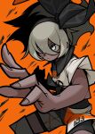  1girl bangs bea_(pokemon) black_bodysuit black_hairband bodysuit bodysuit_under_clothes bow_hairband closed_mouth collared_shirt dark_skin dark_skinned_female eyelashes fingernails grey_eyes grey_hair gym_leader hair_between_eyes hairband highres number omoti_sakamoto orange_background pokemon pokemon_(game) pokemon_swsh print_shirt print_shorts shirt short_hair short_sleeves shorts simple_background solo 