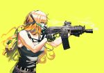  1girl aiming aks-74u aqua_eyes assault_rifle belt black_tank_top from_side gas_mask gloves gun holding holding_gun holding_weapon long_hair orange_hair original rifle serious smoke solo tank_top toned tttatical upper_body wavy_hair weapon yellow_background 