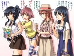  4girls abo_(hechouchou) agano_(kantai_collection) alternate_costume anchor bangs black_hair blouse blue_dress blue_eyes book braid brown_hair brown_skirt closed_eyes commentary_request cowboy_shot dress exhausted green_eyes grey_shirt hat jewelry kantai_collection long_hair multiple_girls necklace noshiro_(kantai_collection) pleated_skirt ponytail purple_eyes purple_hair red_eyes sakawa_(kantai_collection) scrunchie shirt short_hair sidelocks skirt striped striped_legwear swept_bangs thighhighs translation_request twin_braids yahagi_(kantai_collection) 