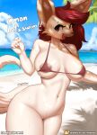  anthro beach bikini bottomless breasts burgerkiss canid canine clothed clothing conditional_dnp dialogue fan_character female fennec fox genitals hi_res looking_at_viewer mammal outside pussy seaside solo swimwear text 