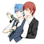  2boys akabane_karma ansatsu_kyoushitsu arm_behind_back black_jacket black_neckwear black_vest blue_eyes blue_hair blush closed_mouth collared_shirt commentary_request cropped_torso dagger dated frown hair_between_eyes holding holding_dagger holding_weapon jacket looking_at_another male_focus meipoi multiple_boys necktie red_hair shiota_nagisa shirt short_hair simple_background smile upper_body vest weapon white_background white_shirt yaoi yellow_eyes 