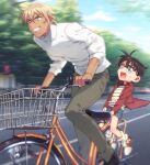  2boys amuro_tooru bangs bicycle bicycle_basket black-framed_eyewear black_footwear blonde_hair blue_eyes blue_shorts blurry blurry_background brown_hair child cloud collared_shirt commentary_request day edogawa_conan glasses grey_pants grin ground_vehicle hair_between_eyes k_(gear_labo) long_sleeves looking_to_the_side male_focus meitantei_conan multiple_boys multiple_riders open_clothes open_mouth open_shirt outdoors pants red_shirt riding road shirt shoes short_hair short_sleeves shorts sky smile sneakers socks street striped striped_shirt sweatdrop white_legwear white_shirt 