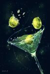  alcohol blue_background bubble cocktail_glass cocon_(cocon_q) commentary_request cup drink drinking_glass dutch_angle food food_focus green_theme highres light_particles martini no_humans olive original shattering shiny simple_background still_life water_drop 