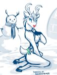  2021 anthro antlers arm_tuft bell blue_eyes blush breasts butt capreoline casual_nudity cervid cheek_tuft christmas cloven_hooves conditional_dnp elbow_tufts facial_tuft featureless_breasts female hand_on_breast harness holidays hooves horn igloo keidran kneeling looking_at_viewer mammal mistletoe monochrome nude outside plant red_nose reindeer restricted_palette scarf simple_background sketch smile snow snowman solo spot_color tom_fischbach tuft twokinds webcomic white_background winter 