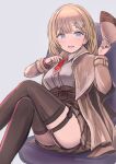  1girl :d ass bangs black_legwear blonde_hair blue_eyes blush breasts brown_capelet brown_jacket brown_skirt commentary_request enumiyan eyebrows_visible_through_hair feet_out_of_frame garter_straps grey_background hair_ornament hat hat_removed headwear_removed highres holding holding_clothes holding_hat hololive jacket looking_at_viewer medium_breasts monocle_hair_ornament necktie open_mouth pleated_skirt red_neckwear shirt simple_background sitting skirt smile solo thighhighs upskirt watson_amelia white_shirt 