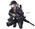  1girl alternate_costume alternate_hairstyle assault_rifle bangs baseball_cap black_footwear black_gloves black_legwear black_neckwear blue_eyes blue_jacket character_name english_text expressionless girls_frontline gloves grifon_&amp;_kryuger gun hair_between_eyes hat headpiece highres holding holding_gun holding_weapon jacket knee_pads long_hair mishima_hiroji multicolored_hair necktie pantyhose parted_lips pink_hair ponytail purple_hair rifle shirt sidelocks simple_background solo squatting st_ar-15_(girls_frontline) streaked_hair tom_clancy&#039;s_the_division weapon white_background white_shirt 