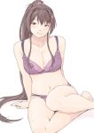  1girl bra breasts brown_hair cherry_blossoms cleavage flower hair_flower hair_ornament highres kantai_collection large_breasts long_hair looking_at_viewer panties ponytail purple_bra purple_panties simple_background sitting solo underwear underwear_only vent_arbre white_background yamato_(kantai_collection) yokozuwari 