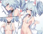  animal_ears anthropomorphism aqua_eyes aqua_hair breasts cropped girls_frontline navel no_bra nopan pa-15_(girls_frontline) tail twintails tzk 