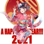  1girl 2021 absurdres bag black_hair bunny_hair_ornament commentary_request fangs flower fukumaru_koito full_body hair_flower hair_ornament handbag happy_new_year highres idolmaster idolmaster_shiny_colors japanese_clothes kimono kinchaku looking_at_viewer new_year obi pink_kimono platform_footwear pouch puni_(punycolors) purple_eyes sandals sash skin_fangs solo tabi twintails wide_sleeves 
