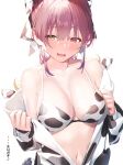  1girl animal_costume animal_print bangs bikini bikini_top blush breasts cleavage commentary_request cow_costume cow_print eyebrows_visible_through_hair hair_ribbon heterochromia highres hololive houshou_marine large_breasts navel nose_blush open_mouth red_eyes red_hair ribbon sidelocks solo sweat swimsuit translated virtual_youtuber white_background xkirara39x 
