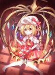  1girl ametama_(runarunaruta5656) ascot bangs blonde_hair bouquet bow closed_mouth collar collared_shirt commentary crown crystal flandre_scarlet flower frilled_collar frills hat hat_bow highres holding holding_bouquet kneehighs looking_at_viewer medium_hair medium_skirt mob_cap one_side_up oversized_object petals pink_flower pink_rose puffy_short_sleeves puffy_sleeves red_bow red_eyes red_flower red_rose red_shirt red_skirt ribbon rose shirt short_sleeves single_horizontal_stripe sitting skirt smile solo stuffed_animal stuffed_toy teddy_bear touhou white_flower white_headwear white_legwear white_ribbon white_rose wings yellow_neckwear 