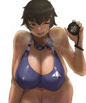  1girl absurdres bangs bare_shoulders black_hair breasts brown_eyes cleavage coach competition_school_swimsuit covered_nipples curvy dark_skin goggles goggles_around_neck highres huge_breasts leaning_forward mature one-piece_swimsuit one_eye_closed open_mouth original puzenketsu short_hair stopwatch swimsuit tan thighs watch water_drop wet white_background 