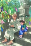  2boys :d amuro_tooru bamboo bangs black-framed_eyewear black_sash blonde_hair blue_eyes blue_kimono blurry blush brown_hair brown_sash child closed_mouth commentary_request crossed_arms dappled_sunlight day depth_of_field edogawa_conan eye_contact full_body glasses hair_between_eyes hands_in_opposite_sleeves highres holding japanese_clothes k_(gear_labo) kimono long_sleeves looking_at_another male_focus meitantei_conan multiple_boys obi open_mouth print_kimono sash short_hair sitting sitting_on_stairs smile stairs statue stone_stairs striped sunlight tanabata tanzaku toenails vertical-striped_kimono vertical_stripes wide_sleeves yukata zouri 