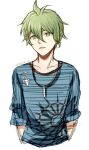  1boy ahoge amami_rantarou antenna_hair bangs collarbone commentary_request cropped_torso danganronpa_(series) danganronpa_v3:_killing_harmony dated green_eyes green_hair hair_between_eyes jewelry looking_at_viewer male_focus meipoi necklace open_mouth shirt short_hair simple_background smile solo striped striped_shirt upper_body 