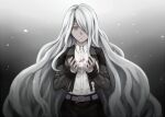  1girl alternate_hair_length alternate_hairstyle bangs belt black_jacket black_skirt breasts candy_wrapper closed_mouth collared_shirt commentary_request danganronpa_(series) danganronpa_3_(anime) dress_shirt gloves gradient gradient_background grey_hair hair_over_one_eye hands_up jacket kimura_seiko long_hair long_sleeves looking_at_viewer meipoi pink_eyes purple_eyes shirt skirt solo tears torn_jacket upper_body very_long_hair 