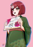  1girl :d arrow_(symbol) bangs blood blood_on_face commentary cowboy_shot danganronpa_(series) danganronpa_v3:_killing_harmony flower from_below green_kimono hair_flower hair_ornament hands_up holding japanese_clothes kimono long_sleeves open_mouth pink_background pink_blood print_kimono red_eyes red_hair round_teeth scissors_hair_ornament short_hair signature simple_background smile solo teeth torume_2 white_flower wide_sleeves yumeno_himiko 