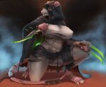  abs abstract_background big_breasts breasts chest_wraps claws cloak clothing cowl crouching dagger female fur grey_body grey_fur gutterrunner hi_res kneeling mammal melee_weapon merrunz murid murine muscular muscular_female ragged_clothing rat red_eyes rodent skaven solo tattered_clothing teeth warhammer_(franchise) weapon wraps 