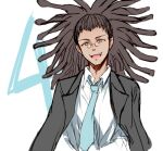  1boy :d bangs black_jacket collared_shirt commentary_request danganronpa_(series) danganronpa_3_(anime) formal glasses hagakure_yasuhiro hair_up hairlocs jacket jacket_on_shoulders long_hair long_sleeves lowres male_focus meipoi necktie official_alternate_costume open_clothes open_jacket open_mouth round_eyewear shirt smile solo upper_body upper_teeth white_background white_shirt 