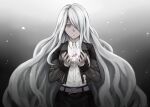  1girl alternate_hair_length alternate_hairstyle bangs belt black_jacket black_skirt breasts candy_wrapper closed_mouth collared_shirt commentary_request danganronpa_(series) danganronpa_3_(anime) dress_shirt gloves gradient gradient_background grey_hair hair_over_one_eye hands_up jacket kimura_seiko long_hair long_sleeves looking_at_viewer meipoi pink_eyes purple_eyes shirt skirt solo tears torn_jacket upper_body very_long_hair 