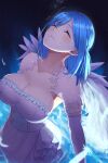  1girl absurdres blue_hair breasts cleavage closed_eyes dress elbow_gloves eyebrows_visible_through_hair feathered_wings gloves highres large_breasts moira_(nijisanji) mole mole_on_breast mole_under_mouth nijisanji short_hair solo sooon virtual_youtuber white_dress wings 