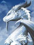  2021 absurd_res blue_eyes chromamancer day detailed_background digital_media_(artwork) dragon headshot_portrait hi_res horn membrane_(anatomy) membranous_wings outside portrait scales scalie sky spines western_dragon white_body white_scales wings 