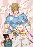  2boys ? abs battle_tendency blonde_hair blue_eyes blue_gloves blue_shirt blush bracelet brown_hair caesar_anthonio_zeppeli collarbone commentary confused dated english_commentary english_text eyebrows_behind_hair facial_mark feathers fingerless_gloves gloves green_eyes hair_feathers hands_on_own_cheeks hands_on_own_face headband highres jewelry jojo_no_kimyou_na_bouken joseph_joestar_(young) lifted_by_self looking_down male_focus multiple_boys navel open_mouth pubic_tattoo sashiyu shirt shirt_lift short_hair short_sleeves signature speech_bubble spoken_question_mark surprised sweatdrop symbol_commentary t-shirt tattoo triangle_print 