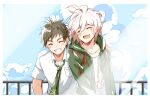  2boys :d ahoge blush border breast_pocket brown_hair closed_eyes cloud cloudy_sky collarbone collared_shirt commentary_request danganronpa_(series) danganronpa_2:_goodbye_despair friends green_jacket green_neckwear grin hair_between_eyes hands_on_another&#039;s_shoulder hinata_hajime hood hood_down hooded_jacket jacket komaeda_nagito male_focus meipoi multiple_boys necktie open_clothes open_jacket open_mouth pocket print_shirt railing shiny shiny_hair shirt sky smile upper_body white_border white_hair white_shirt 