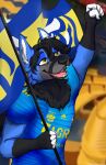  black_body black_nose blue_body canid canine canis clothing flag hair hi_res kitsune_udon male mammal multicolored_body pink_tongue shirt solo stadium tigres_uanl tongue topwear vicente_(romeodog) victory white_body wolf yellow_eyes 